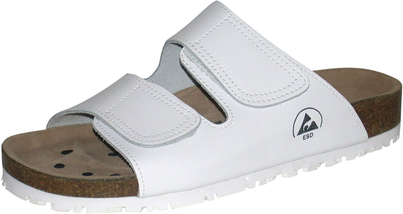 The image shows a pair of white sole sandals. The sandals have two adjustable Velcro straps and a brown cork sole. They are simple and comfortable, ideal for everyday wear.