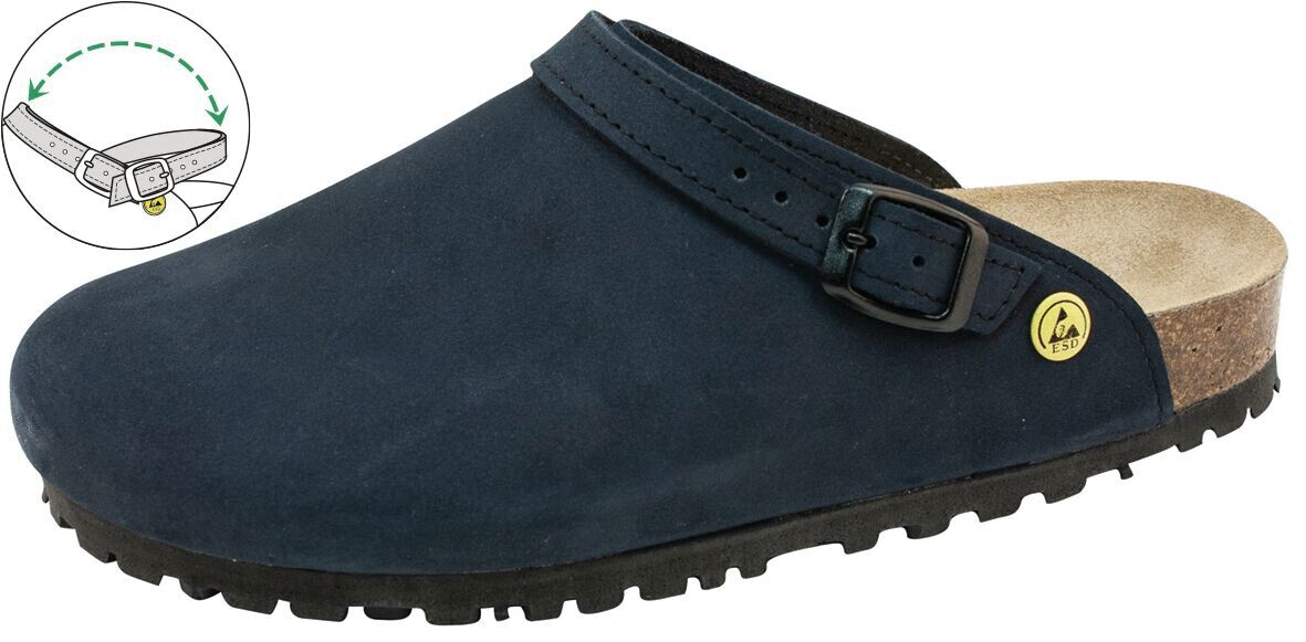 The image shows a blue clog with a saddle strap and a solid, non-slip outsole. The insole appears soft and comfortable. A small icon at the top left indicates an adjustment option.