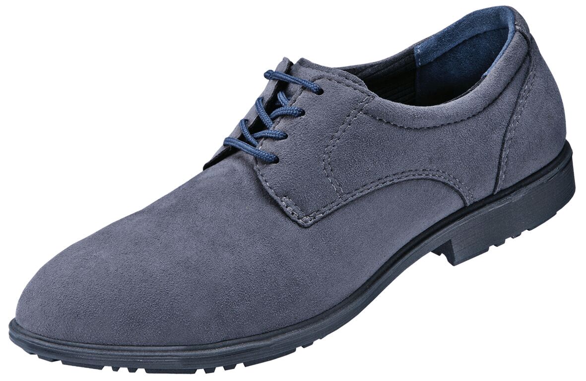 The shoe is an elegant, gray half-shoe made from soft material. It has a flat sole and laces in a darker blue. The shape is classic with a rounded toe.