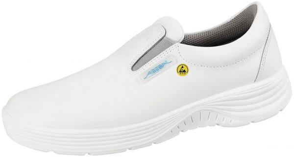 The image shows a white, slim shoe without laces. It has elastic inserts and a wide, non-slip sole that is slightly curved. The shoe appears sporty and comfortable.