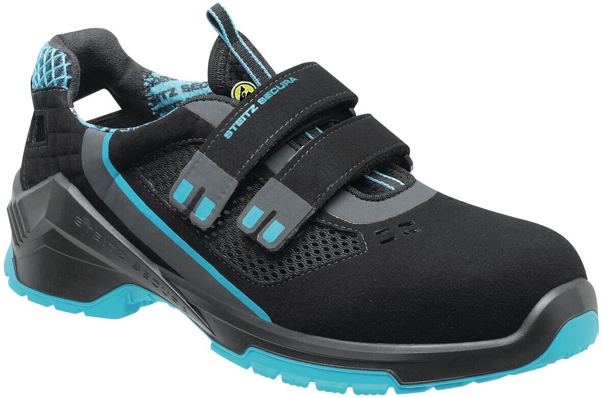 The shoe is black with blue accents. It has a sporty design, breathable materials, and two adjustable Velcro straps. The sole is sturdy and slip-resistant.