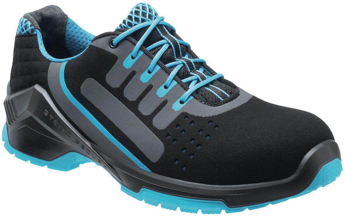 The shoe is black with blue accents. It has a sporty shape, breathable materials, and a textured sole. The shoelaces are also blue and highly visible.