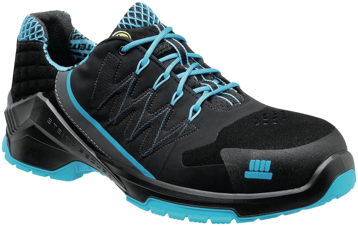 The shoe is black with blue accents. It has a sporty shape, a sturdy sole, and a padded lining. Laces are included, making it adjustable.