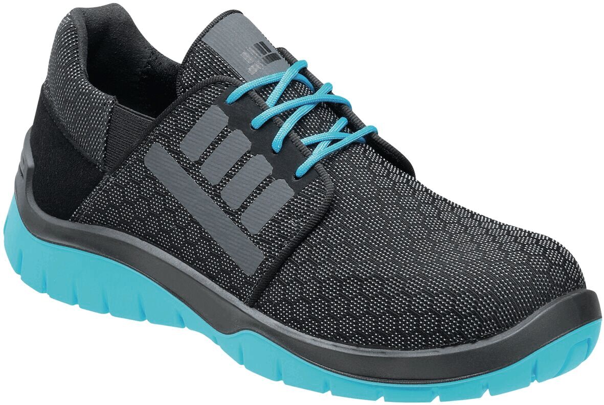 The shoe is sporty, with an upper part made of black, textured fabric. The sole is blue, with a grippy tread. It has flat, turquoise laces.