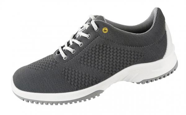 The shoe is a gray sneaker with a breathable mesh upper. It has white laces, a padded sole, and a non-slip, gray outsole.