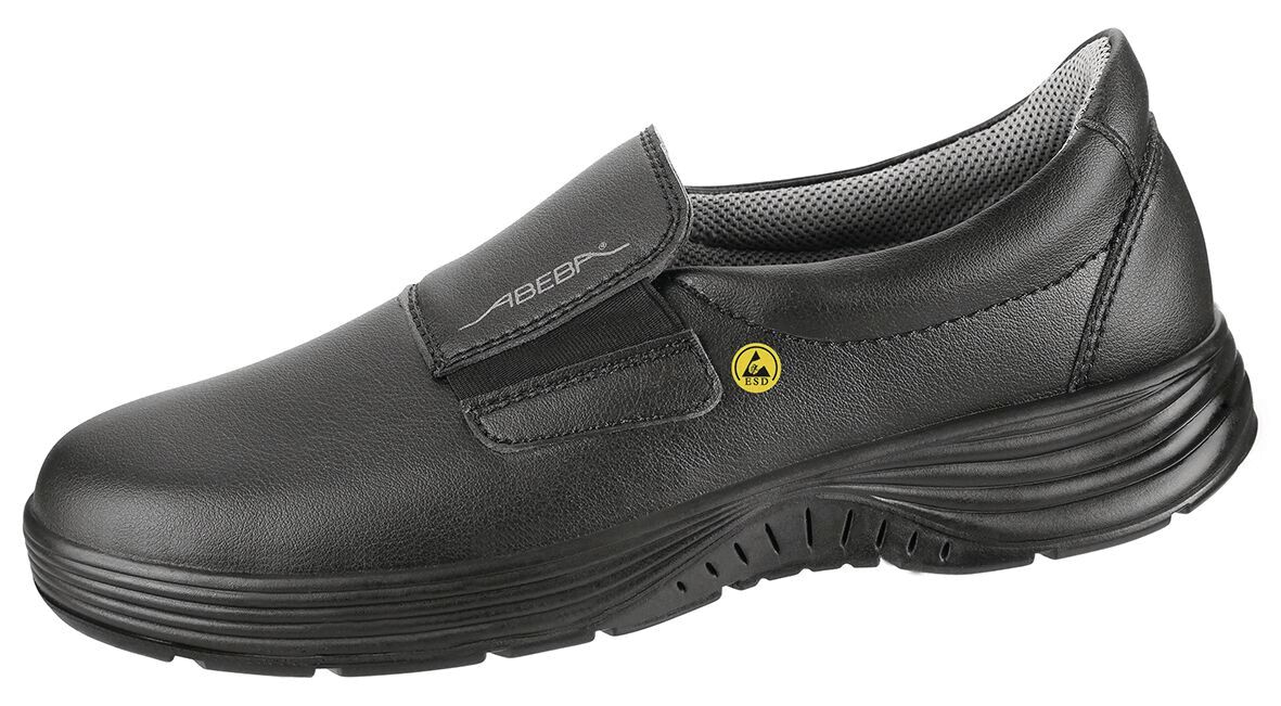 The shoe is a black leather half-shoe with a practical Velcro fastener. It has a non-slip sole and a padded insole for comfort.