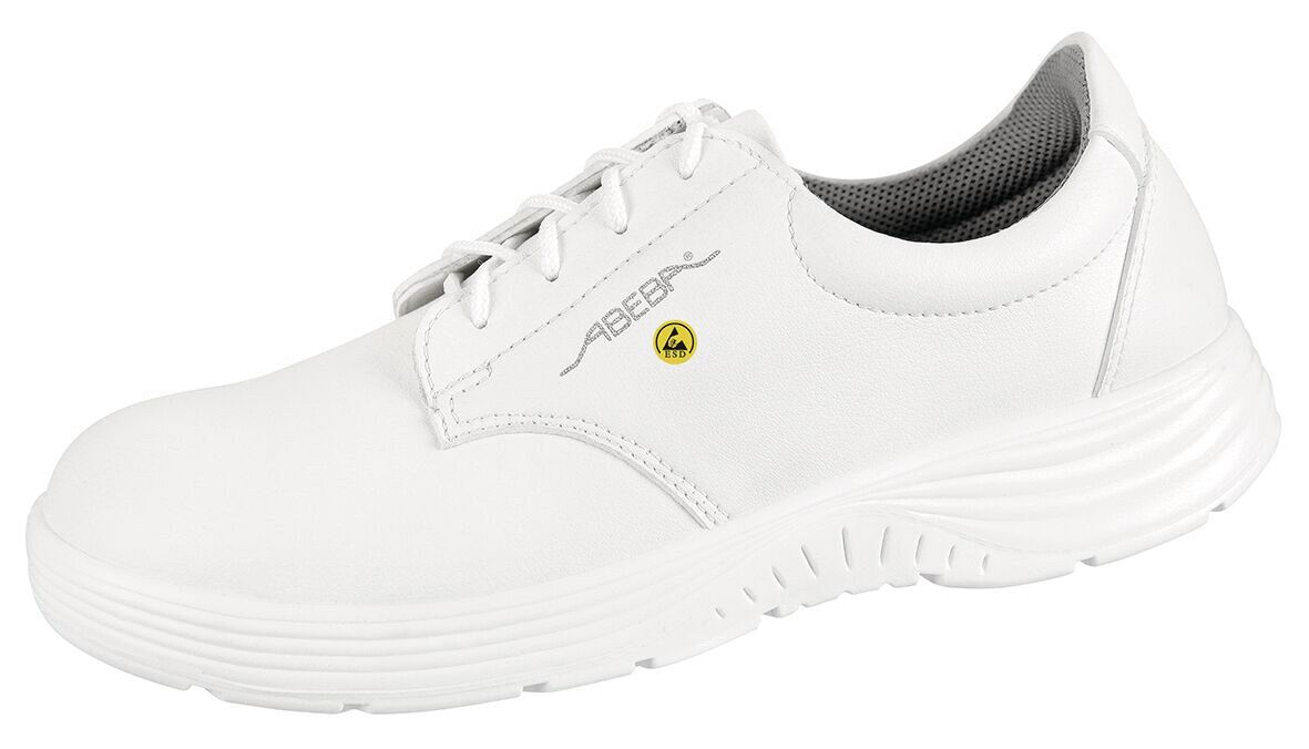 The shoe is a lightweight, white athletic shoe with a modern design. It has a smooth surface, laces, and a flexible, non-slip sole that provides comfort.