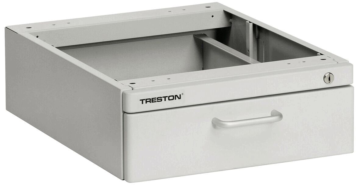 The image shows an empty gray drawer. It has a straight body and a plain metal surface. There is a handle at the front to open the drawer.