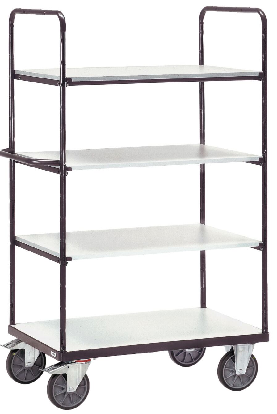 The image shows a mobile shelving unit with four open shelves. It has a sturdy frame and casters at the base for easy movement. The shelves are flat and evenly arranged.