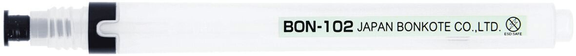 The image shows a clear, transparent pen with a black cap. On the side it reads "BON-102 JAPAN BONKOTE CO., LTD." in green lettering. The pen has a pointed tip.