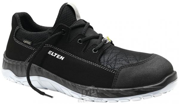 The shoe is a modern, black sneaker with a sporty shape. It has a synthetic upper, laces, and a bright, textured sole. The "ELTEN" logo is visible.