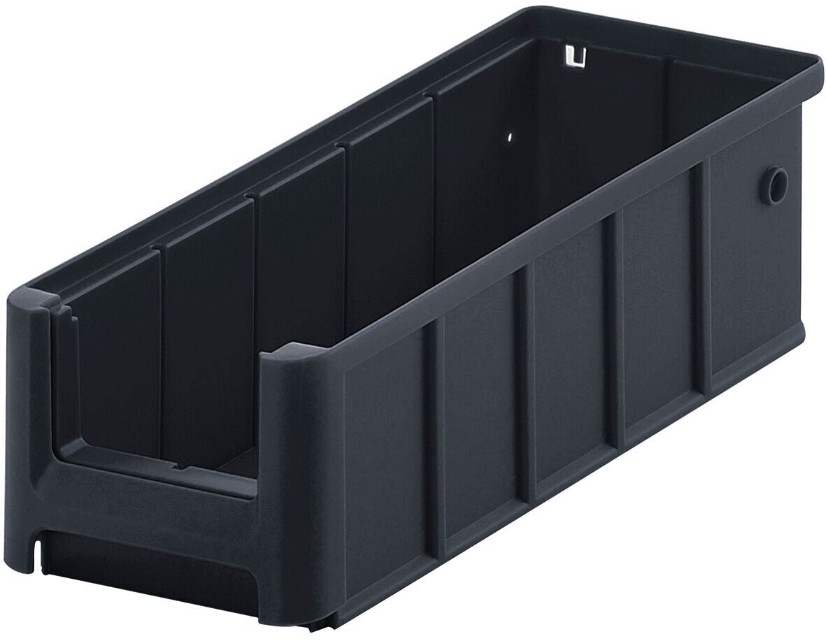 The image shows a long, rectangular box made of black plastic. It has smooth walls with vertical grooves and is open, without a lid. There is a small hole on one side.