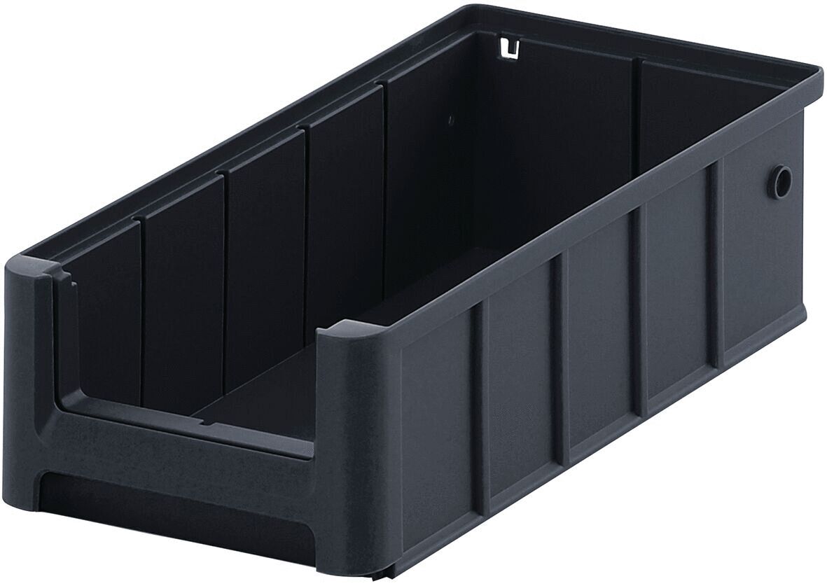 It is a rectangular, flat container made of black plastic. It has high walls, is smooth on the inside, and has an opening on one side. The bottom is stable.