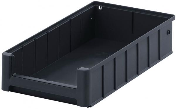 The image shows a rectangular, flat box made of black plastic. The walls are textured and there is an opening on one side. The box is empty and has no lid.