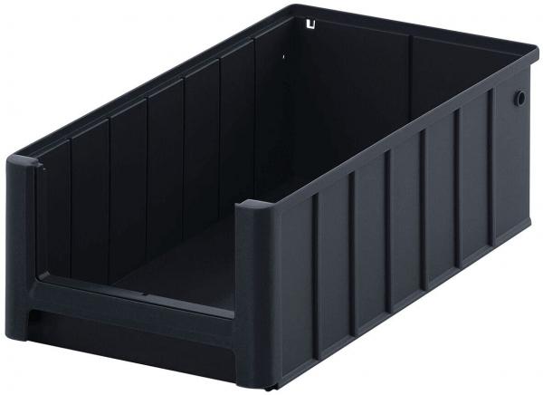 The image shows a black, rectangular plastic container. It has straight sidewalls with vertical grooves and is open, meaning it has no lid. The corners are rounded.