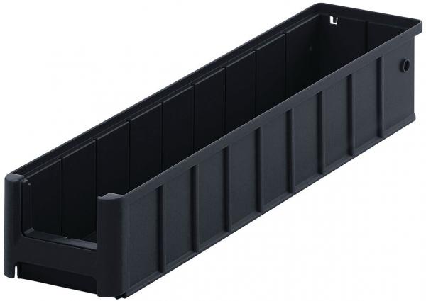 It is a long, narrow container made of black plastic. The walls are ribbed and the opening is on top, while one side has a small opening. Ideal for storage.