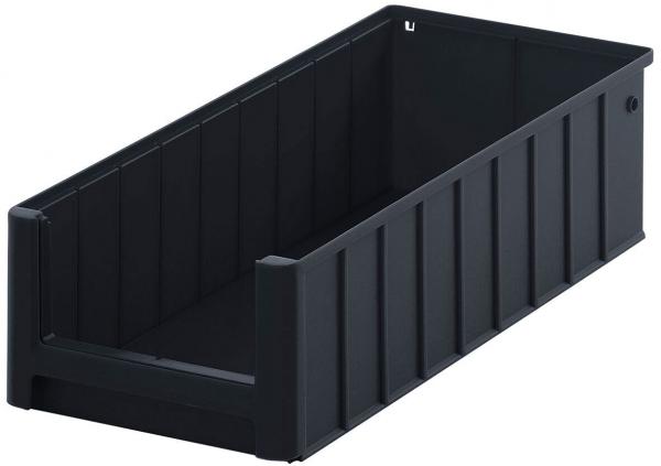 The image shows a rectangular, black plastic box. It has high walls with vertical grooves and an open front. The surface is smooth and sturdy, suitable for storage.