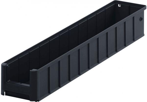 The image shows a narrow, rectangular container made of black plastic. It has a flat, stable base and vertical grooves on the sides for added stability.