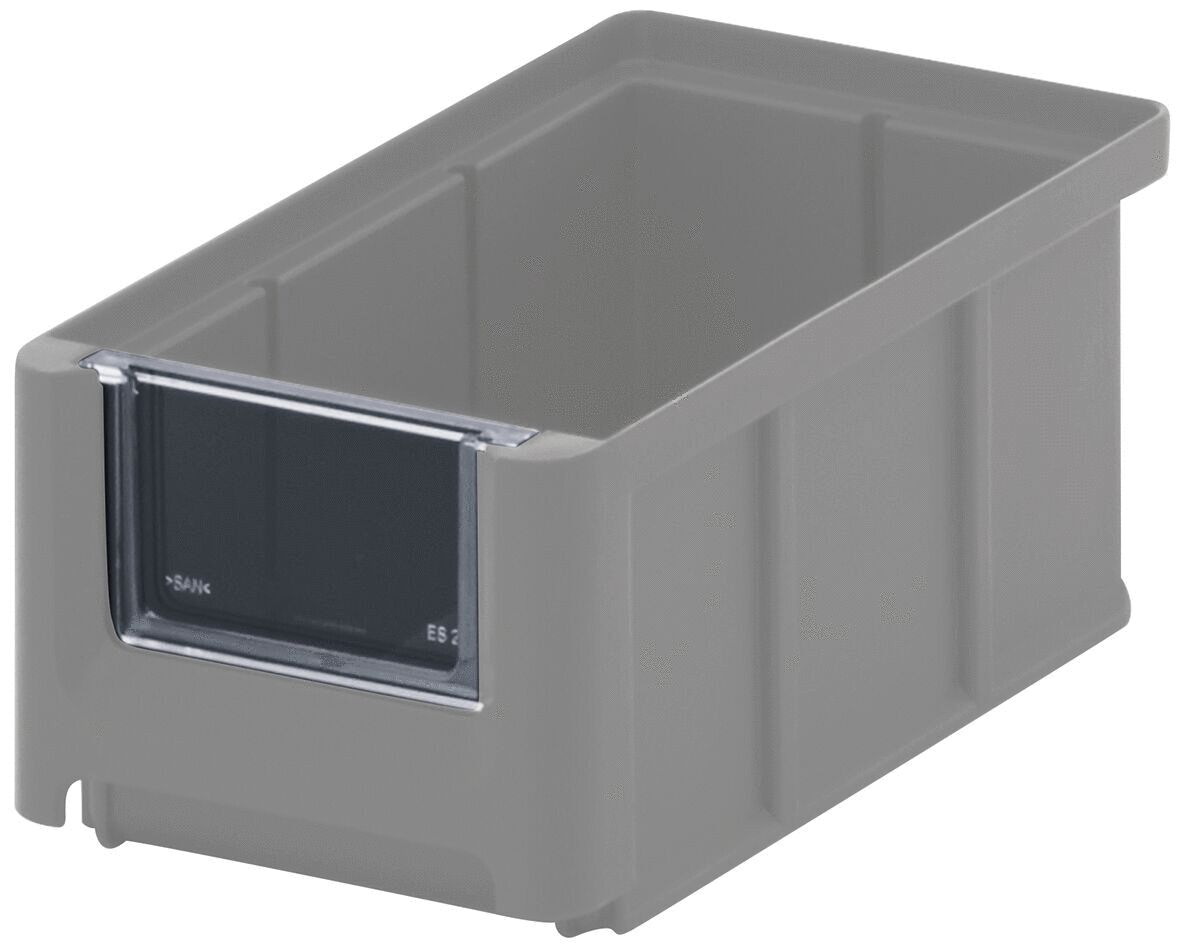 The image shows a rectangular, gray plastic box with an open top edge. On the front, there is a small, black labeling area. The box has straight edges and is sturdy.