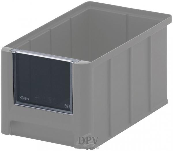 This is a rectangular, gray plastic storage box. The box has an open top and a labelable front that allows a clear view of the contents.