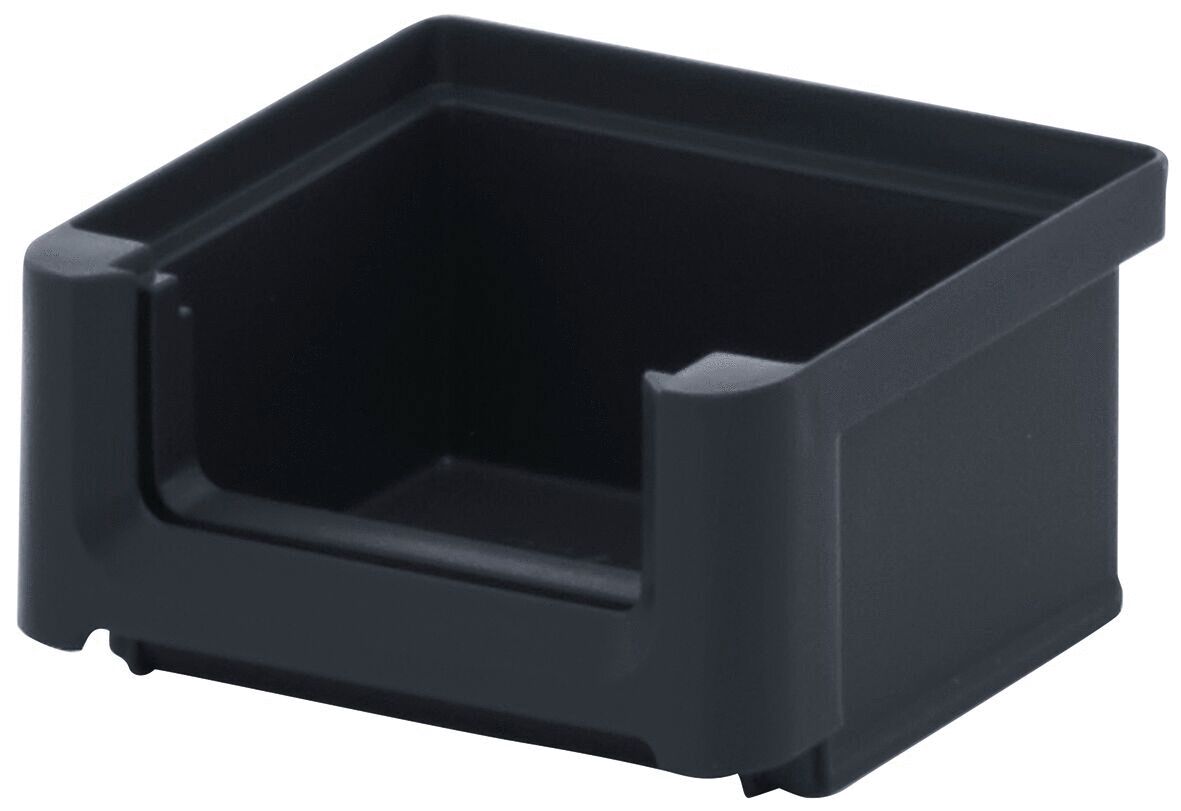 It is a black, rectangular plastic box without a lid. It has rounded corners and an open top, with low walls and a sturdy base.