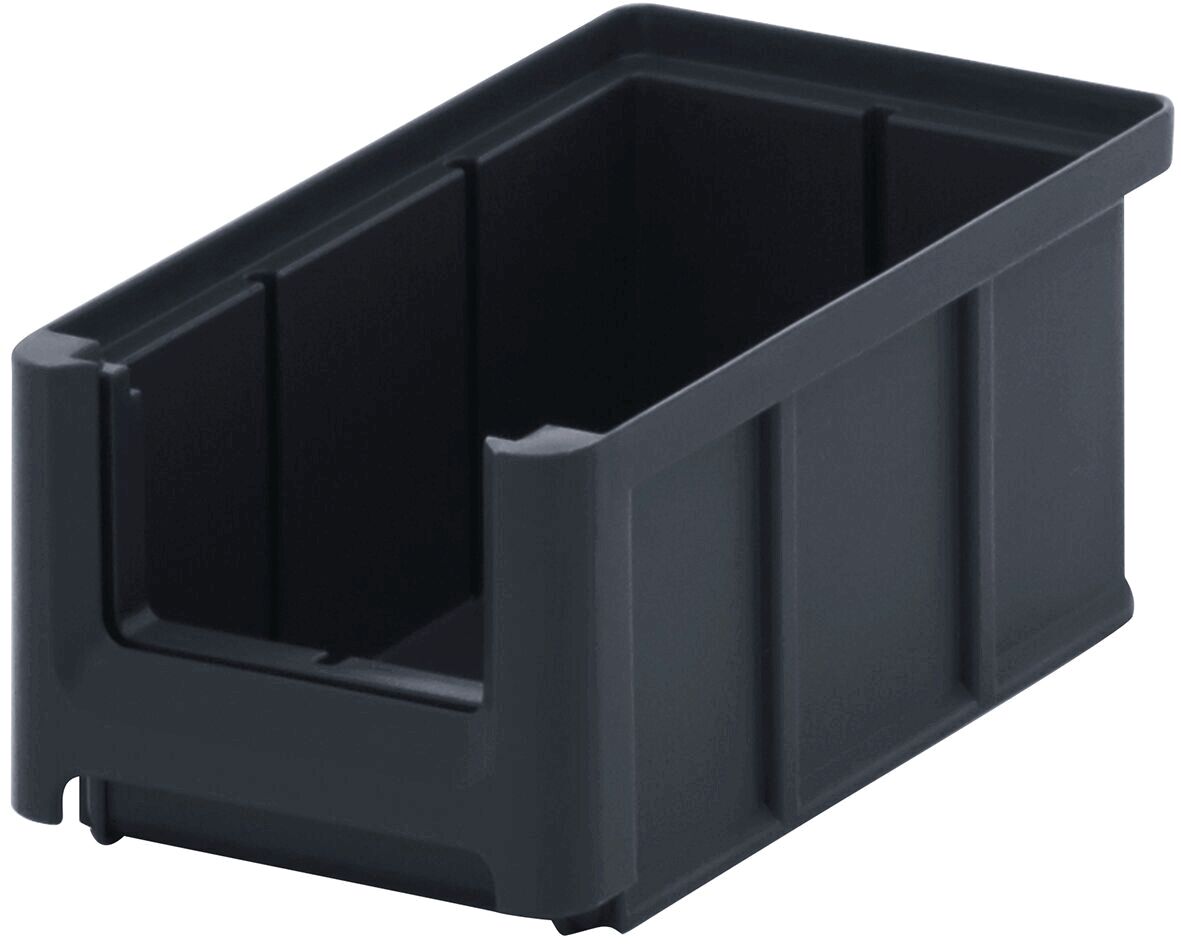 The image shows a rectangular, black plastic box without a lid. It has open sides, a sturdy surface, and is ideal for storing items.