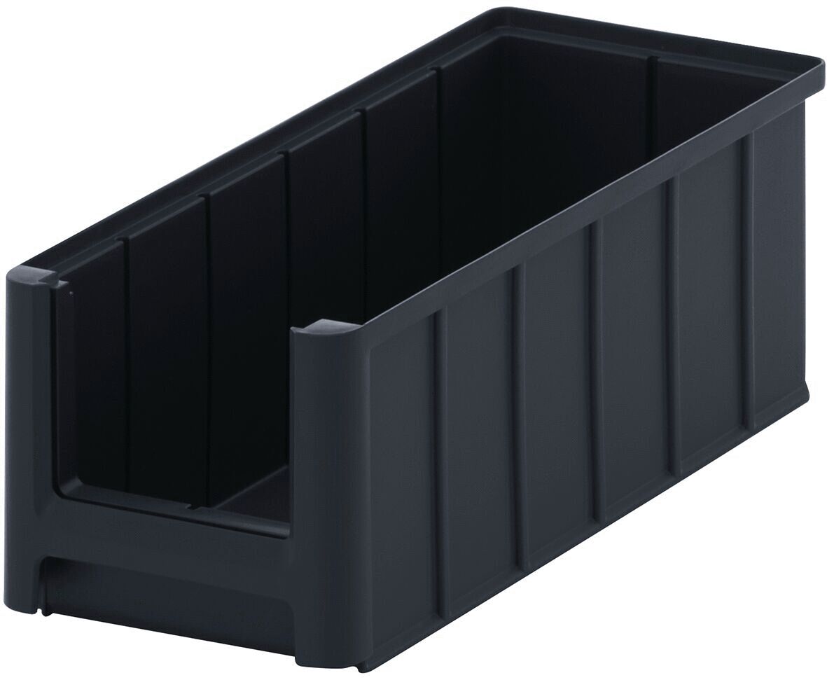 The image shows a rectangular, open container made of black plastic. It has smooth sides with vertical grooves and a flat, wide opening on top. It is sturdy and lightweight.