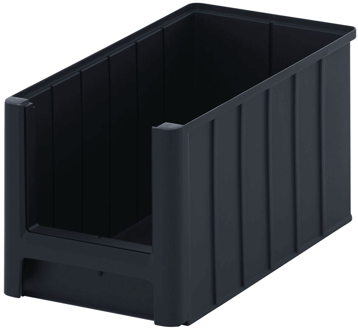 It is a rectangular, black plastic box with high sides and an open top. The walls are striped and the box has a flat base.