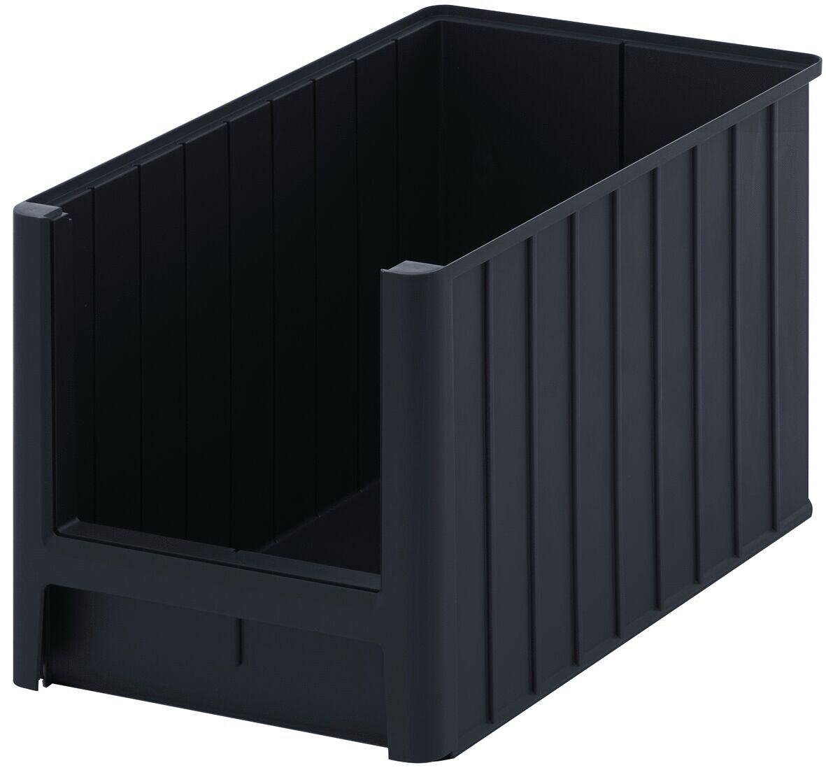 The image displays a rectangular, black plastic container without a lid. It features smooth sides with vertical grooves and an open top, suitable for storing or transporting items.