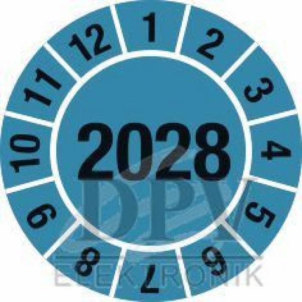 The image shows a round scale with the numbers 1 through 12 and the year "2028" in the center. The background is blue, the numbers are black.