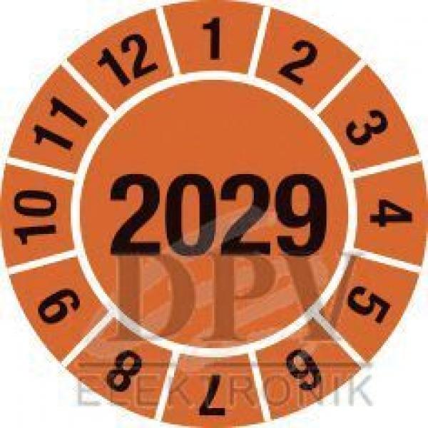 The image shows a round sticker with an orange background. In the center is the large number "2029". Around it, the numbers 1 through 12 are arranged.