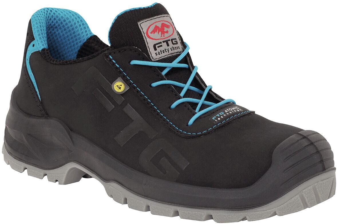 The shoe is black with blue shoelaces. It has a reinforced toe cap and a non-slip sole. The inside is padded to provide comfort.