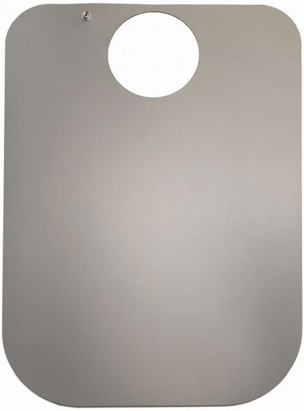 The image shows a rectangular, gray plate with rounded corners. There is a round cutout at the top. It has a smooth surface and appears sturdy.