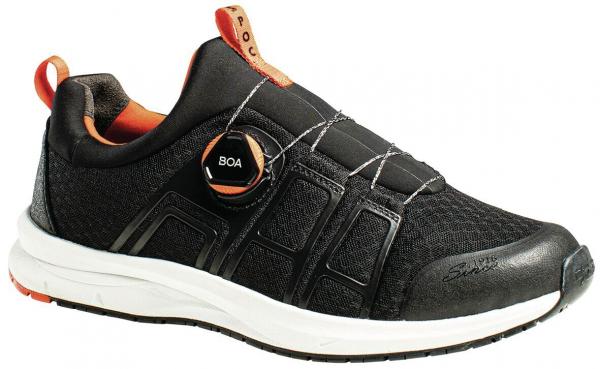 The shoe is black with a textured upper. It has a round shape, a white sole, and a striking orange detail on the heel, as well as a simple lacing system.