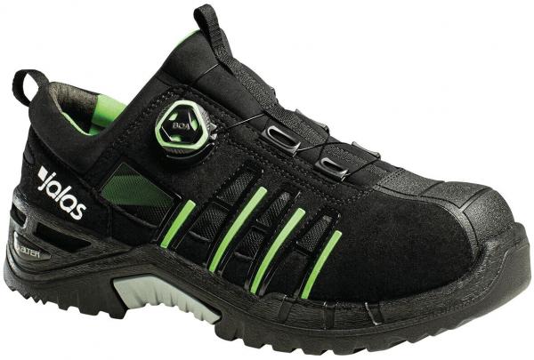 The shoe is a sturdy, black half-shoe with green accents. It has a robust sole and a quick-lacing system that makes putting on and taking off easier.