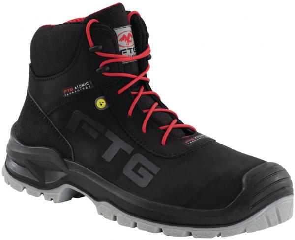 The shoe is a black, high-top boot with red laces. It has a sturdy rubber sole and a sporty design, ideal for outdoor activities or work.