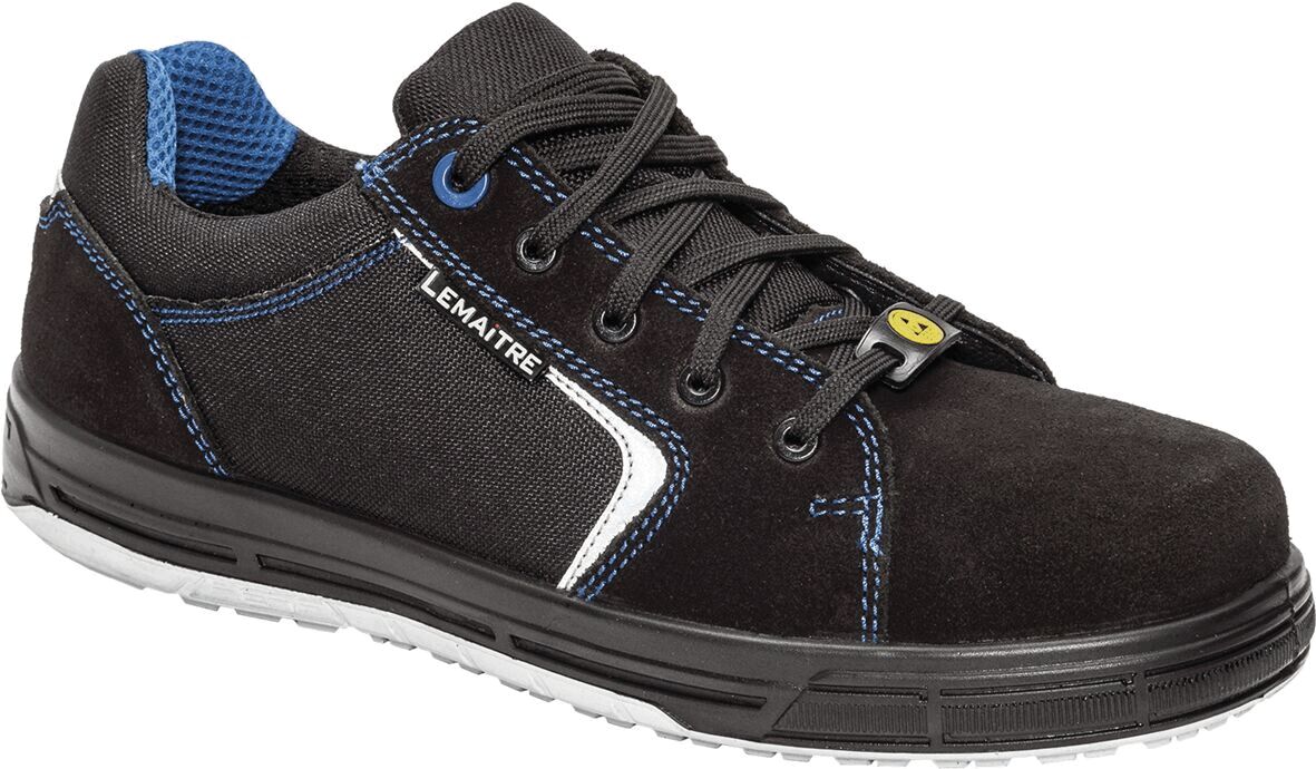 The shoe is a black sneaker with blue accents. It has a sturdy, non-slip sole and lacing. A lateral, white stripe gives it a modern design.