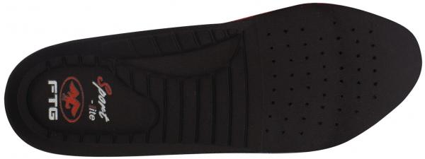 The image shows a black insole with a slightly textured surface. It has small holes for ventilation and a red inscription. The edges are curved.