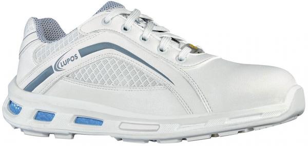 The shoe is a sporty, white half-shoe with blue accents. It has a breathable surface and a cushioned sole for comfort. The laces are clearly visible.