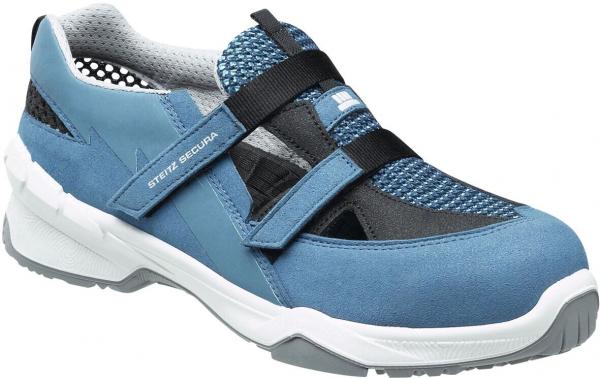 The shoe is sporty and modern, in various shades of blue with black accents. It features a mesh material and two wide Velcro straps for a good grip. The sole is sturdy and lightweight.