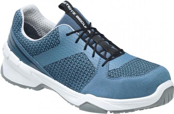 The shoe is sporty and modern, primarily in blue with gray accents. It has a lightweight, breathable upper and a flexible, white sole. The laces are black.