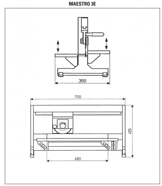 The image displays a technical blueprint of the "Maestro 3E" model. The top shows a side view with height specifications, while the bottom presents a top view with dimensions of 700 mm in width and 455 mm in height.