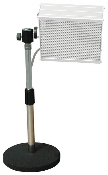 The image shows a floor lamp with a sturdy, round black base. The lamp arm is silver, and the lampshade is rectangular with a perforated pattern.