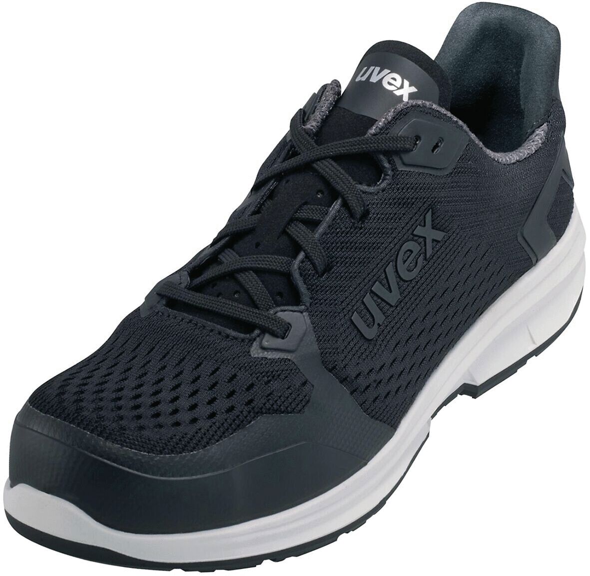 The shoe is a sporty, lightweight sneaker in dark blue with a breathable upper. The sole is thick and provides good grip, with a white lower edge.