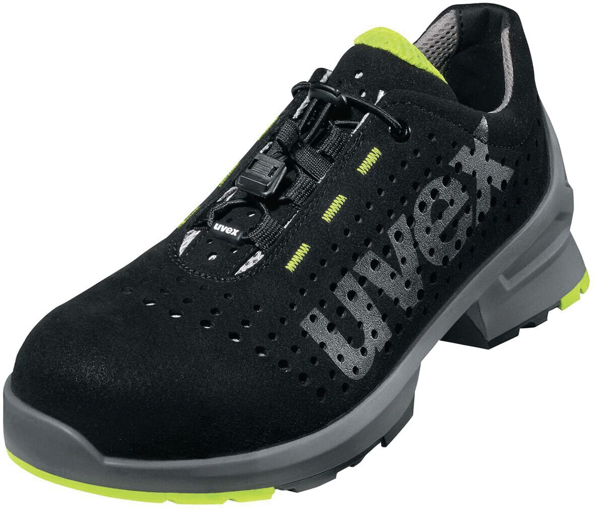 The shoe is black with yellow accents. It has a non-slip sole and a functional design with a lacing system that ensures a good fit. Ideal for athletic activities.