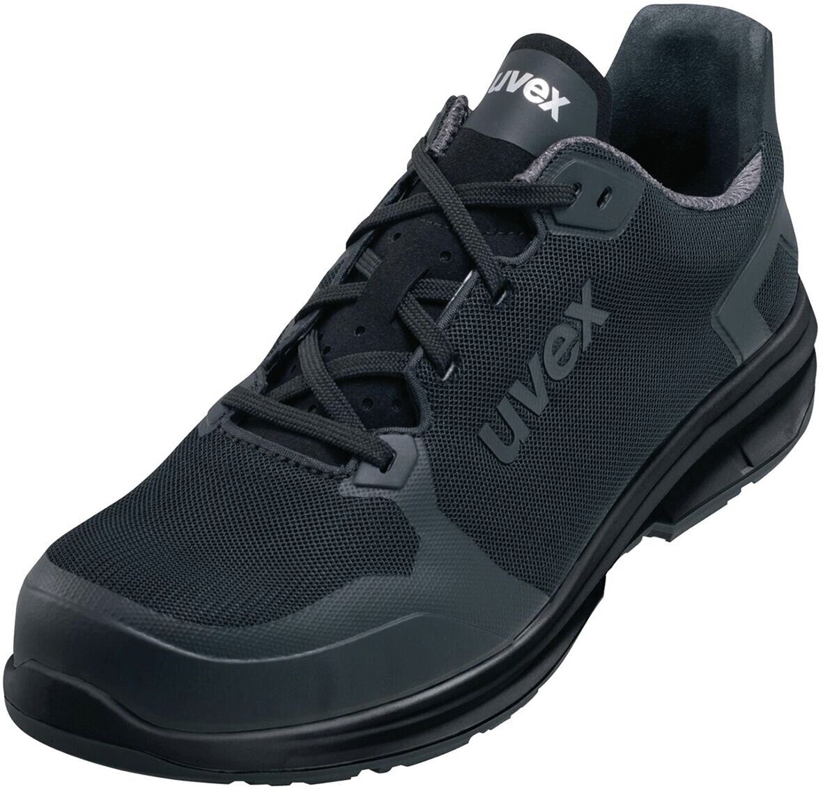 The shoe is a sporty safety sneaker in black with breathable upper material and a sturdy, non-slip sole. It has a padded tongue and laces.