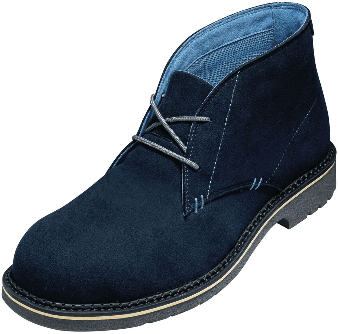 The shoe is a dark blue, mid-length suede boot. It has a round toe, a light, thick sole, and two laces on the front. The inside is light blue.