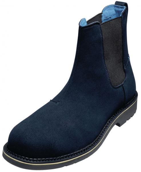 The shoe is an elegant, navy-blue Chelsea boot made from soft, suede-like material. It has elastic panels on the sides and a sturdy, black sole.