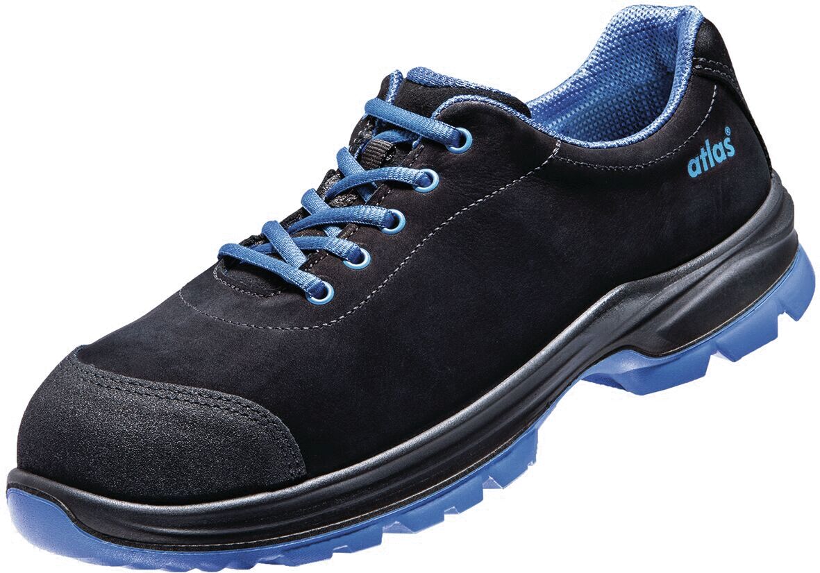 The shoe is black with blue accents. It has a sturdy rubberized sole, blue shoelaces, and a reinforced toe cap. The upper is made of soft material.