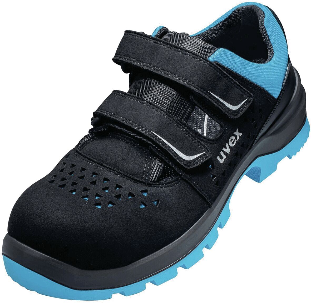 The shoe is black with blue accents. It has two wide Velcro straps and a breathable upper with holes. The sole is sturdy and slip-resistant, ideal for work situations.